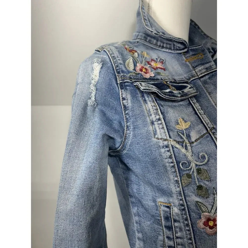 Thrashed Cottage core‎ JouJou Denim Embroidered Ladies S or girl jacket Sz 14 L